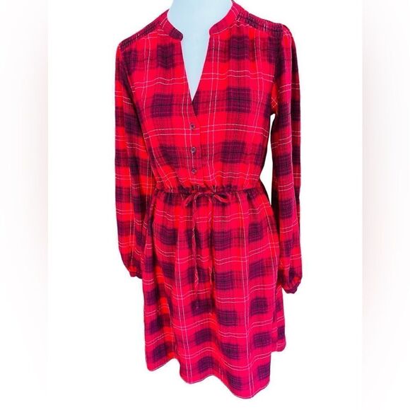 Knox Rose Long Sleeve Split Neck Plaid A Line Belted Dress in Red Plaid Size XS - Picture 2 of 8